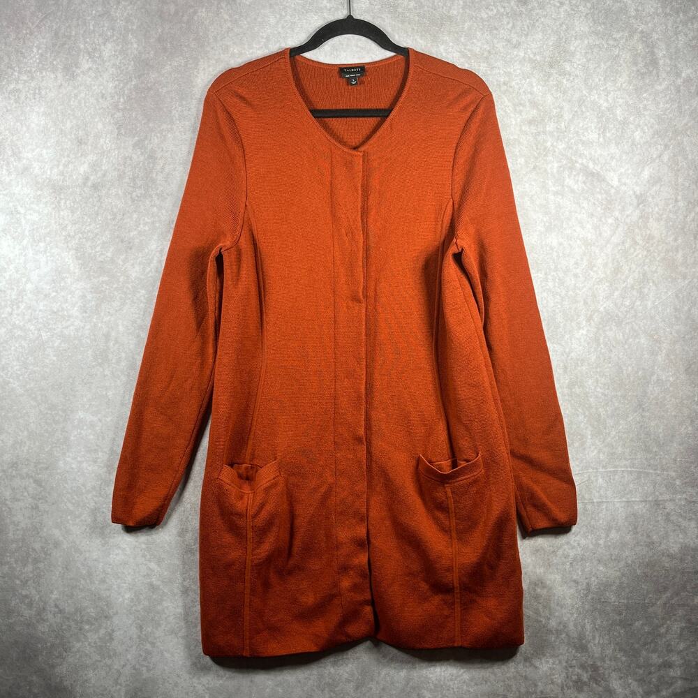 Talbots Cardigan Sweater Womens Large Orange‎ Pure Merino Wool Knit Longline